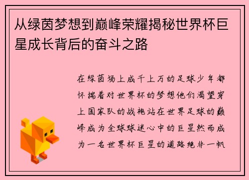从绿茵梦想到巅峰荣耀揭秘世界杯巨星成长背后的奋斗之路